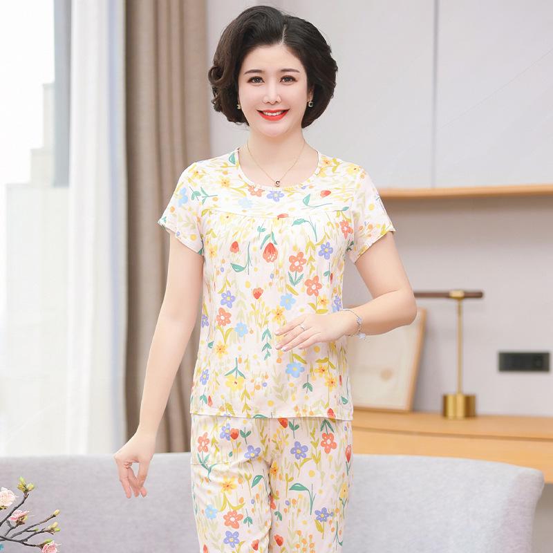 

«Женская летняя пижама из хлопка и шелка»: Комплект из двух предметов с коротким рукавом, свободного кроя, для людей среднего и пожилого возраста, больших размеров, для ношения на открытом воздухе. XXXXL (80-90 kg)