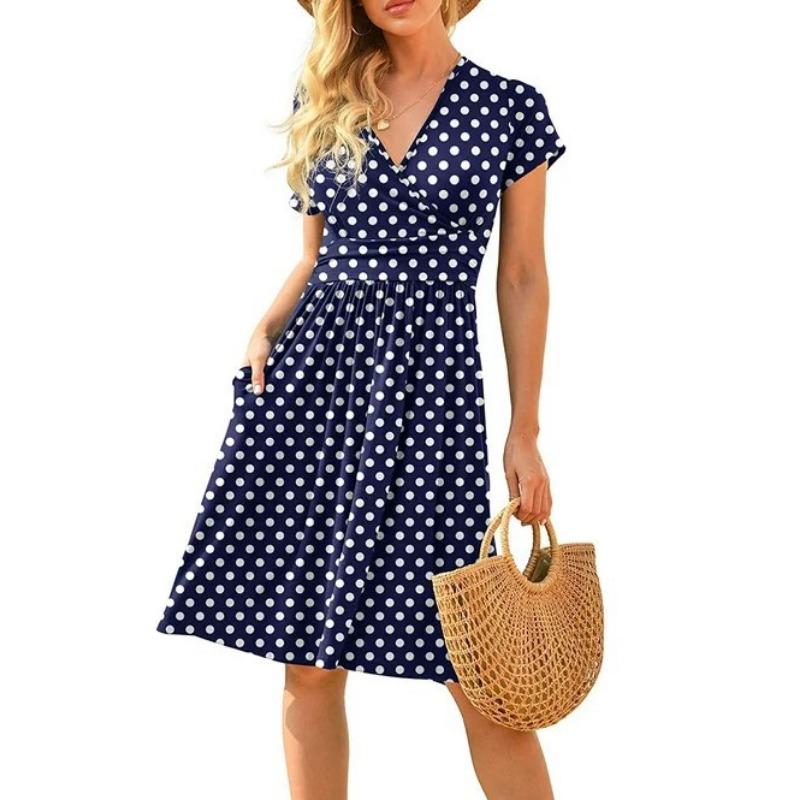 Fashionable New Women's Dress, V-neck Short-sleeved Printed Pockets, Elegant and Versatile
