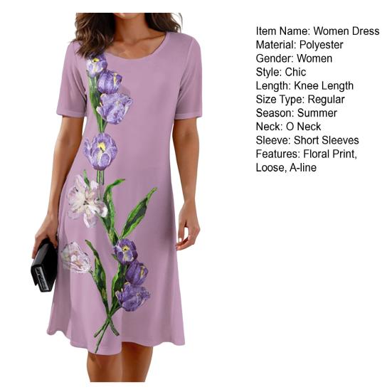 Women Dress Floral Breathable Pullover Sleeves O Neck Short Tulip Print Loose Soft A-line Knee