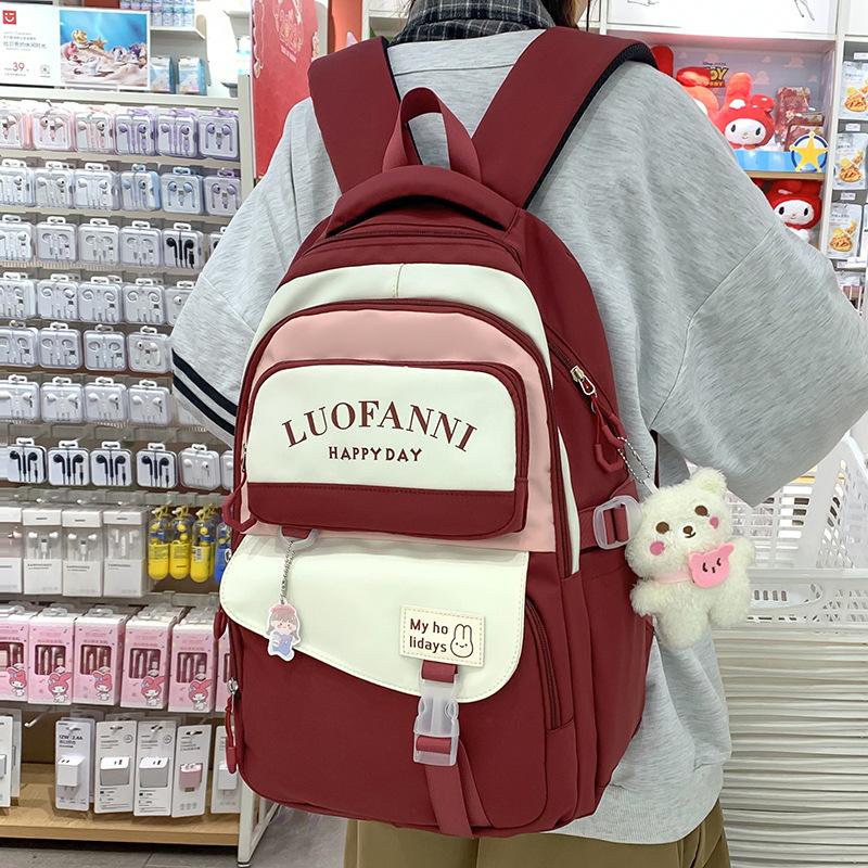 School Bag Girls High School Students High Quality Fashion Burgundy Junior High School Students Multi-layer Elementary School Students Backpack