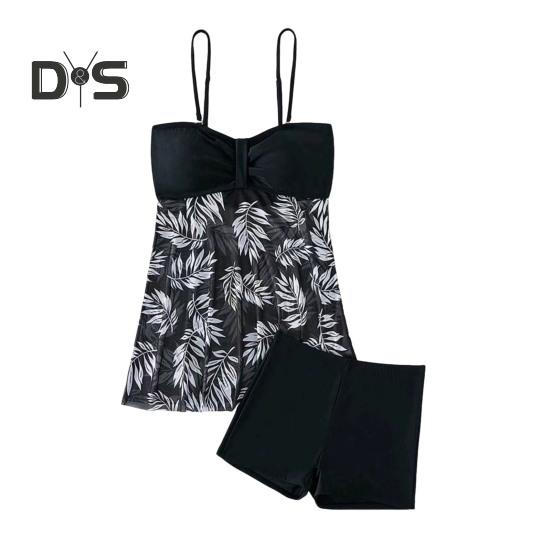 2Pcs/Set Tankini Set Adjustable Straps Padding Underwire Bandeau Tops Boxer Briefs Set Mesh Splicing Design Beach Swimwear