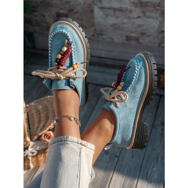 Women's Spring Beaded Lace-Up Round-Toe Suede Retro Loafers, Casual Comfort Footwear, Available In Large Sizes.