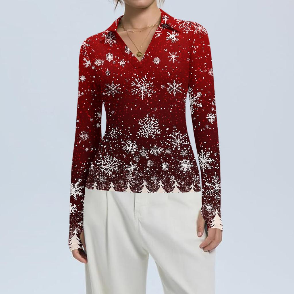 Women's Fashion Casual Christmas Print V-Neck Long Sleeve Button-Down Top