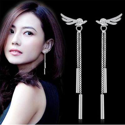 925 Sterling Silver Elegant Angel Wing Feather Long Tassel Earrings Crystal Zircon Ear Jewelry For Women S-E223