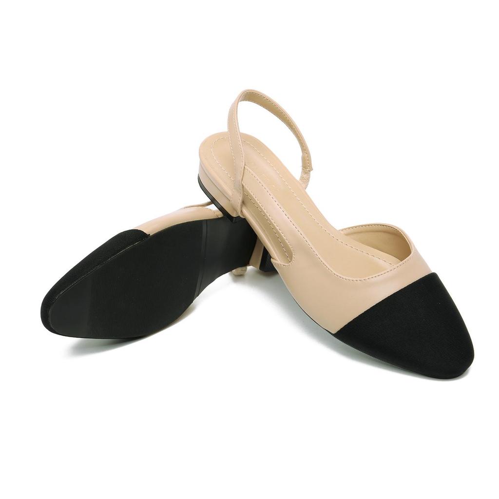 In Stock French Coco Style Soft Leather Color Block Low Cut Sandals - Women's Spring Mid and Thick Flat Heels