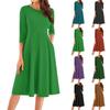 Casual Women Solid Color Midi Dress Round Neck Three Quarter Sleeve Fashion