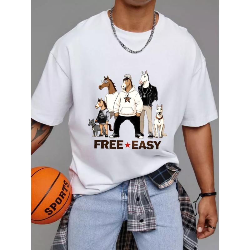 Cotton T Shirt White Horse and Dog Cartoon Print Free Easy Text Casual Wear for Men and Women Streetwear Fashion Summer Outfit