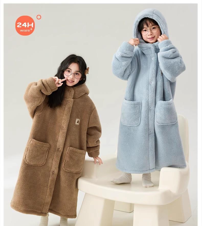 Kids' Winter Coral Fleece Bathrobe - Double-Layer Warm Pajamas for Boys or Girls