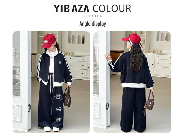 Girls' 2025 Trendy Autumn Two-piece Set: Stand-up Collar Jacket & Wide-leg Pants