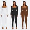 European and American Spring and Autumn Women's Long Sleeved Square Neck Slim Fit Solid Color Base and Hip Lifting Jumpsuit