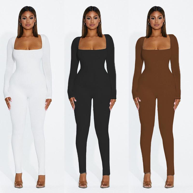 European and American Spring and Autumn Women's Long Sleeved Square Neck Slim Fit Solid Color Base and Hip Lifting Jumpsuit