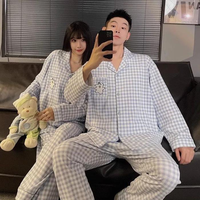 Spring & Autumn Couple Pajamas: Women s Cloud Cotton Embroidered Lapel Cardigan & Sweet Men s Home Wear Set M