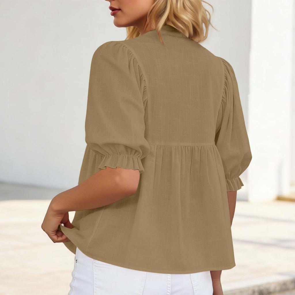 Womens Tops Half Puff Sleeve Shirts Cotton Ruffled Blouses Summer Button Up Blouses