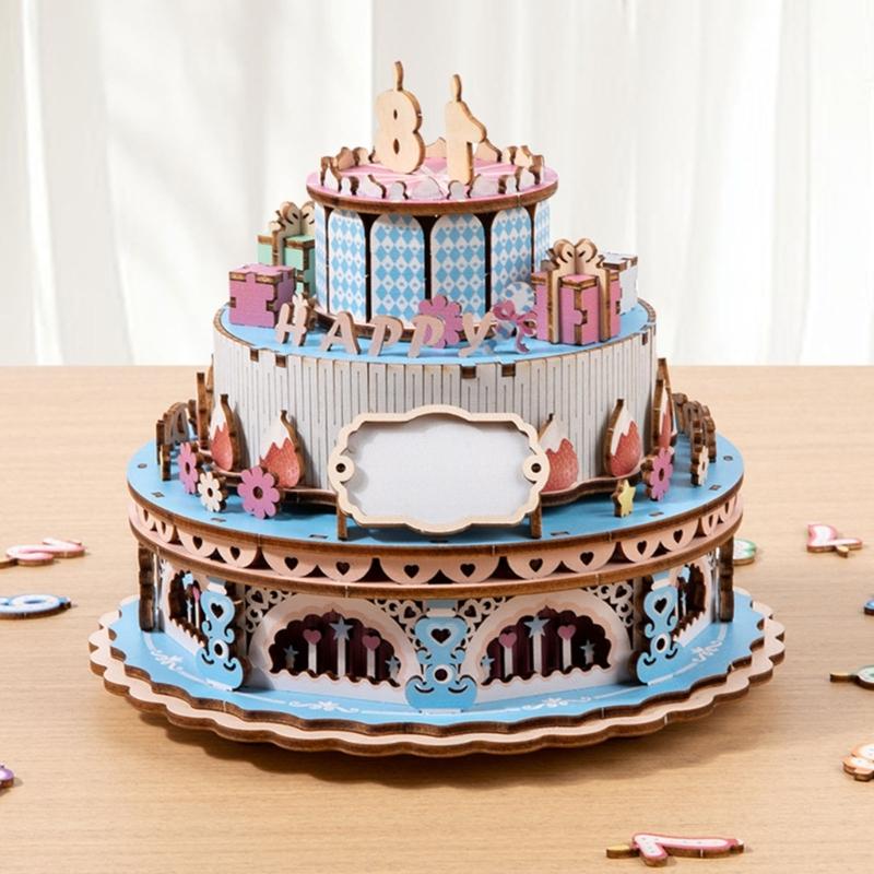 Wooden Mechanical Rotating Birthday Cake Music Box Craft Set Easy Assembly No Tool Required Musical Ornament Gifting