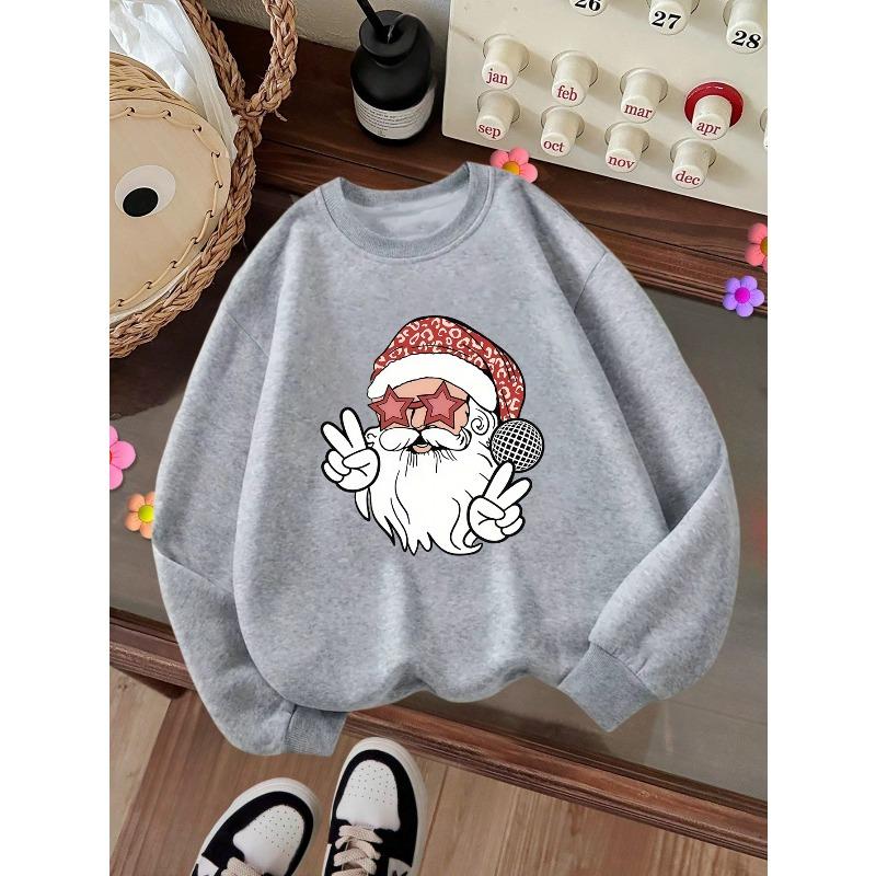 Kids Crewneck Sweatshirt, Creative Cartoon Santa Claus Print, Casual Tops for Fall & Winter