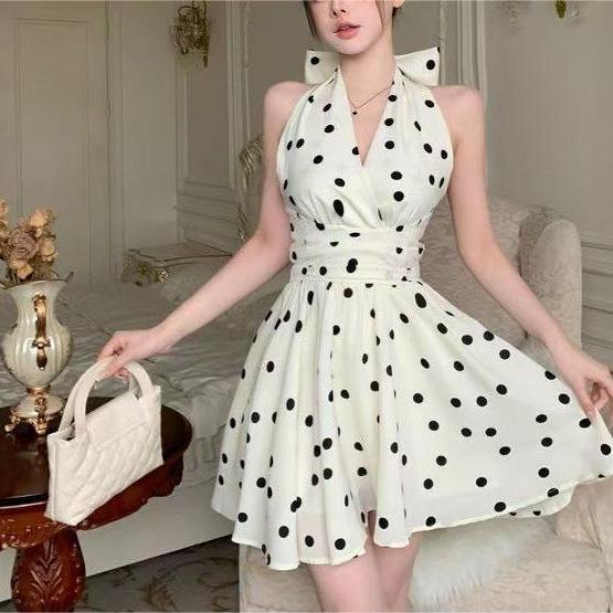 Sweet Polka Dot Bow Tie Halter Backless A-line Mini Dress - Summer Spicy Waist-Cinching Slim Fit