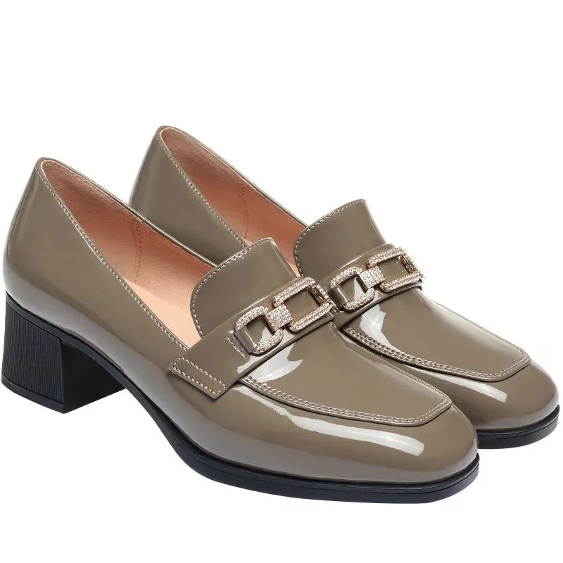 Fashion Women's Chunky Heel Shoes Spring Autumn New Square Toe Patent Leather Soft Sole High Heels Loafers Fashion Ladies Single Shoes