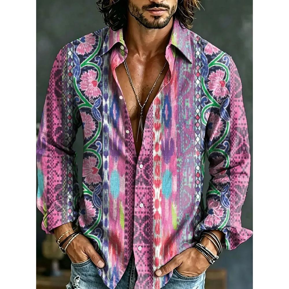 Camisa de hombre con estampado artístico 3D estilo lino retro casual manga larga solapa top moderno y cómodo nueva camisa de talla grande
