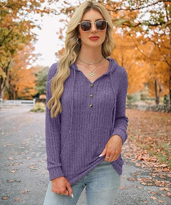 2025 Autumn/Winter Women's Solid Color Ribbed Knit Hoodie Sweater