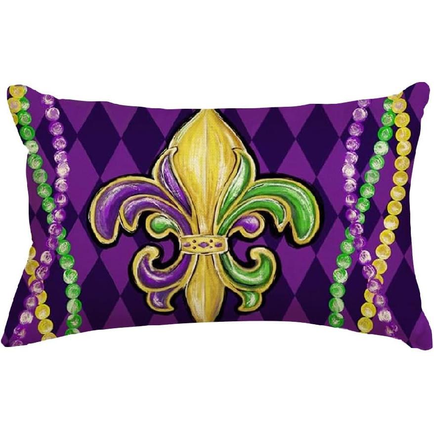 RABUSOFA Mardi Gras Pillow Covers 12x20 Inch,Fleur De Lis Lumbar Decorative Throw Pillows,Purple Beads Outdoor Pillow Cases Decorations Holiday Party 20  x 12  (Pack of 1)