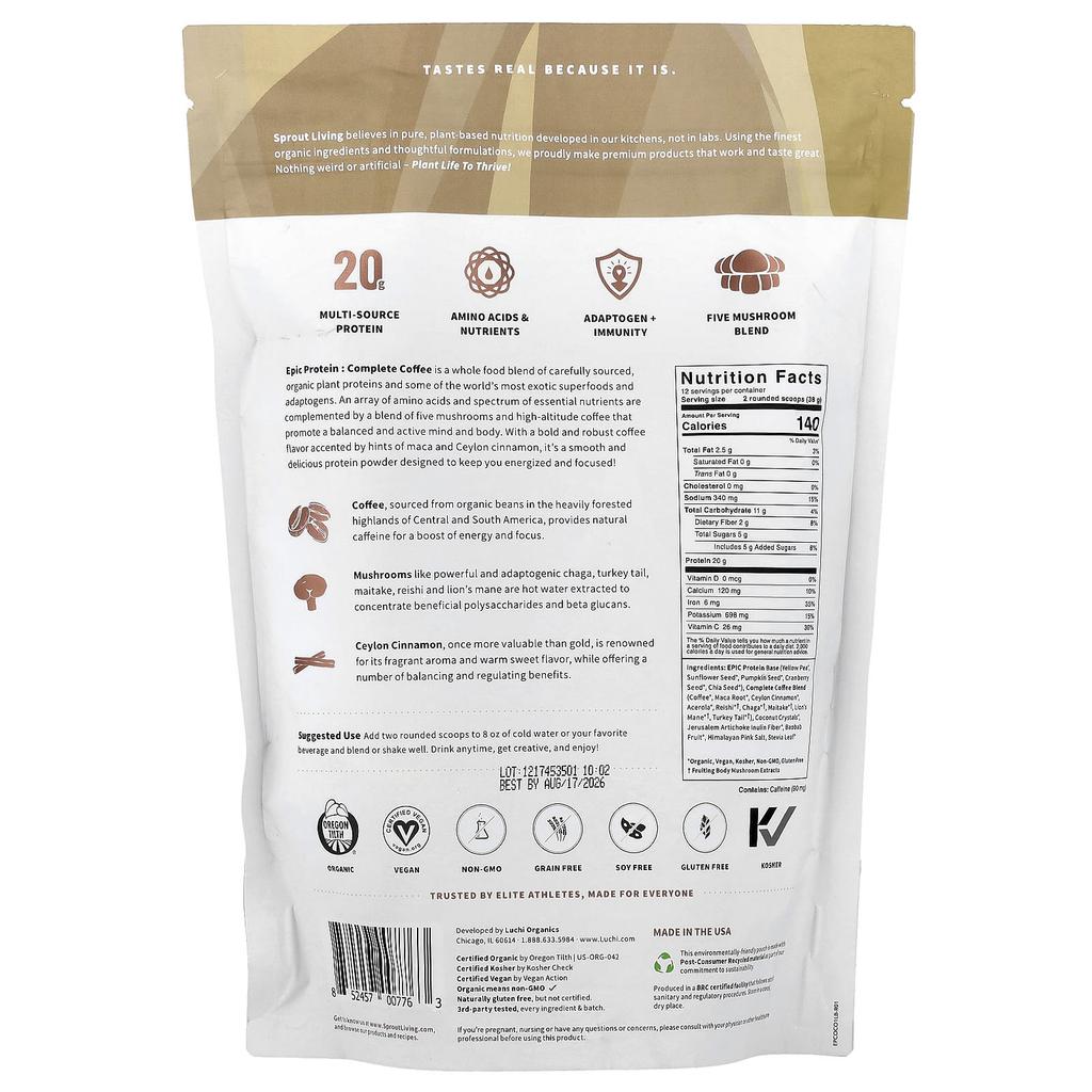 Epic Protein®, Organic Plant Protein + Adaptogens, Complete Coffee, 456G (1Lb)