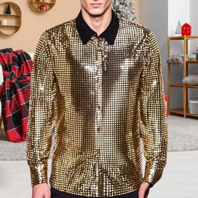 Pánská retro flitrová košile třpytivá knoflíková s dlouhým rukávem s klopami vintage disco košile pro bary noční kluby večírky
