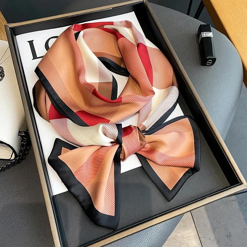 New Luxury Design Ribbon Silk Scarf Plaid Headband Neckerchief Foulard Female Hair Scarfs Neck Ties Lady Skinny Scarves