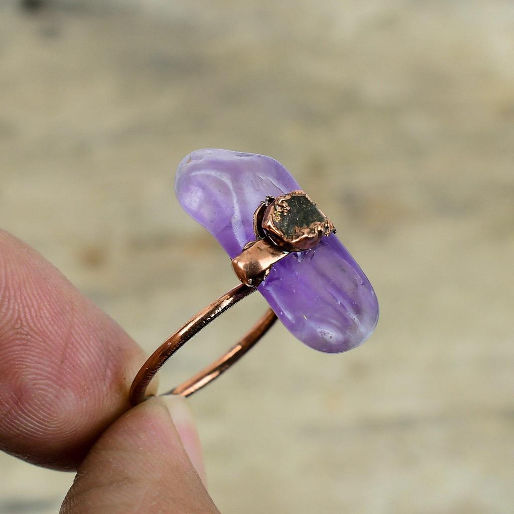 Star Amethyst Ring Electroformed Copper Ring Adjustable Rings Green Tourmaline Rough Gemstone Jewelry Handmade Ring Copper Jewelry For Gifts