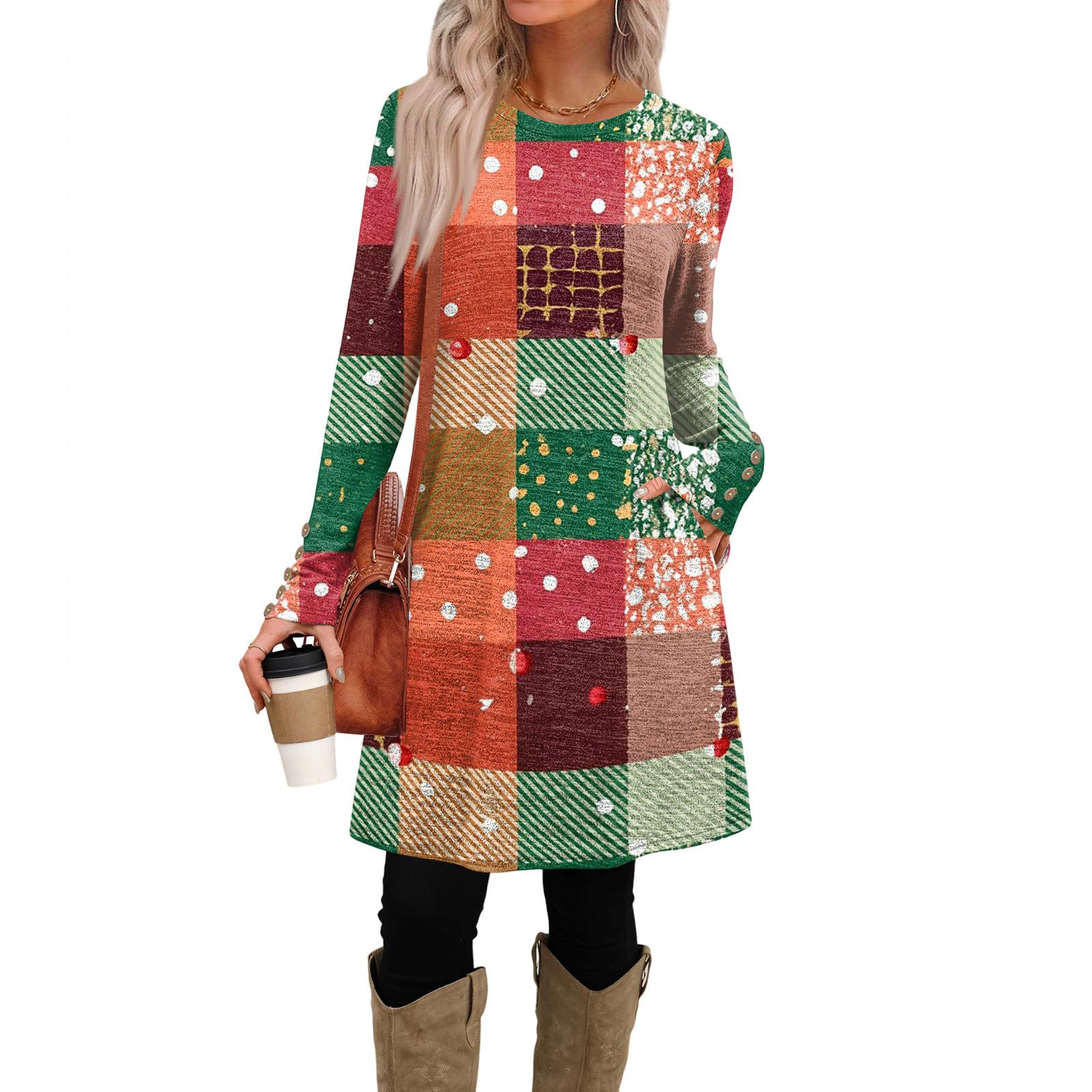 

Women s Fashion Casual Dress With Pockets, Decorative Buttons, Round Neck And Long Sleeves XL