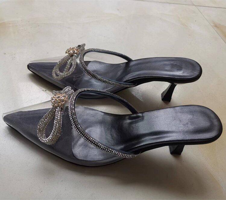 Summer new rhinestone bow pointed head bag head empty thin heel high heel large size catwalk slippers women