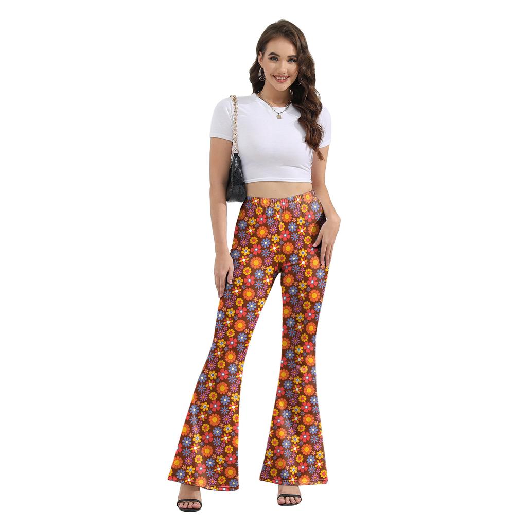 Calças de verão femininas moda casual calças boca de sino calças com estampa digital de bolinhas
