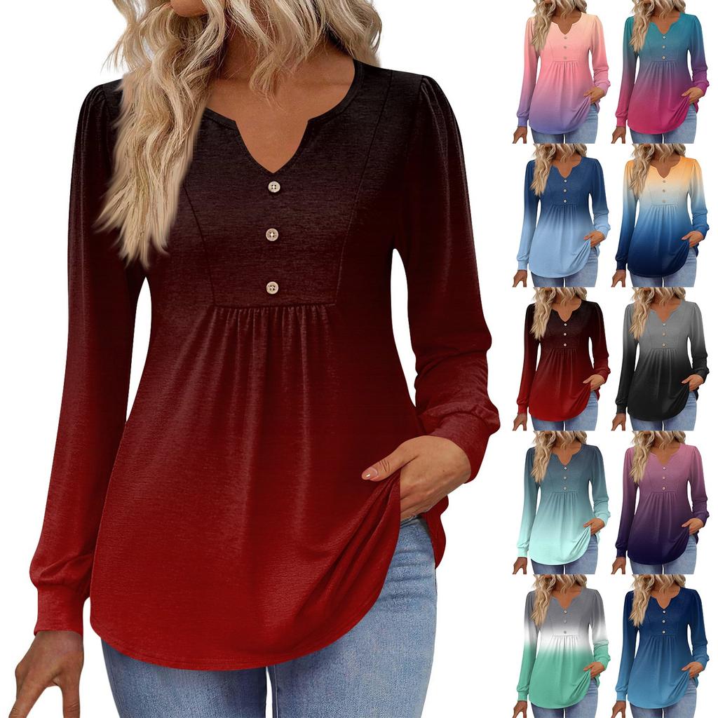 Dámská módní ležérní halenka s výstřihem do V, knoflíky, dlouhým rukávem, pulovrové tričko, top