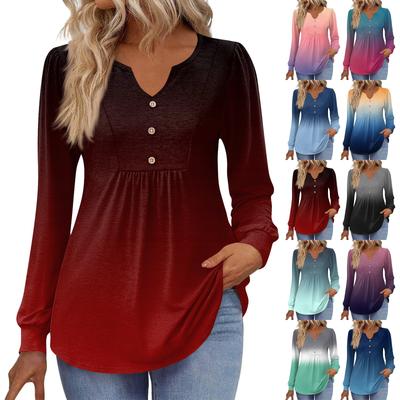 Women's Fashionable Casual V-neck Blouse Button Long-sleeved Pullover T-shirt Top