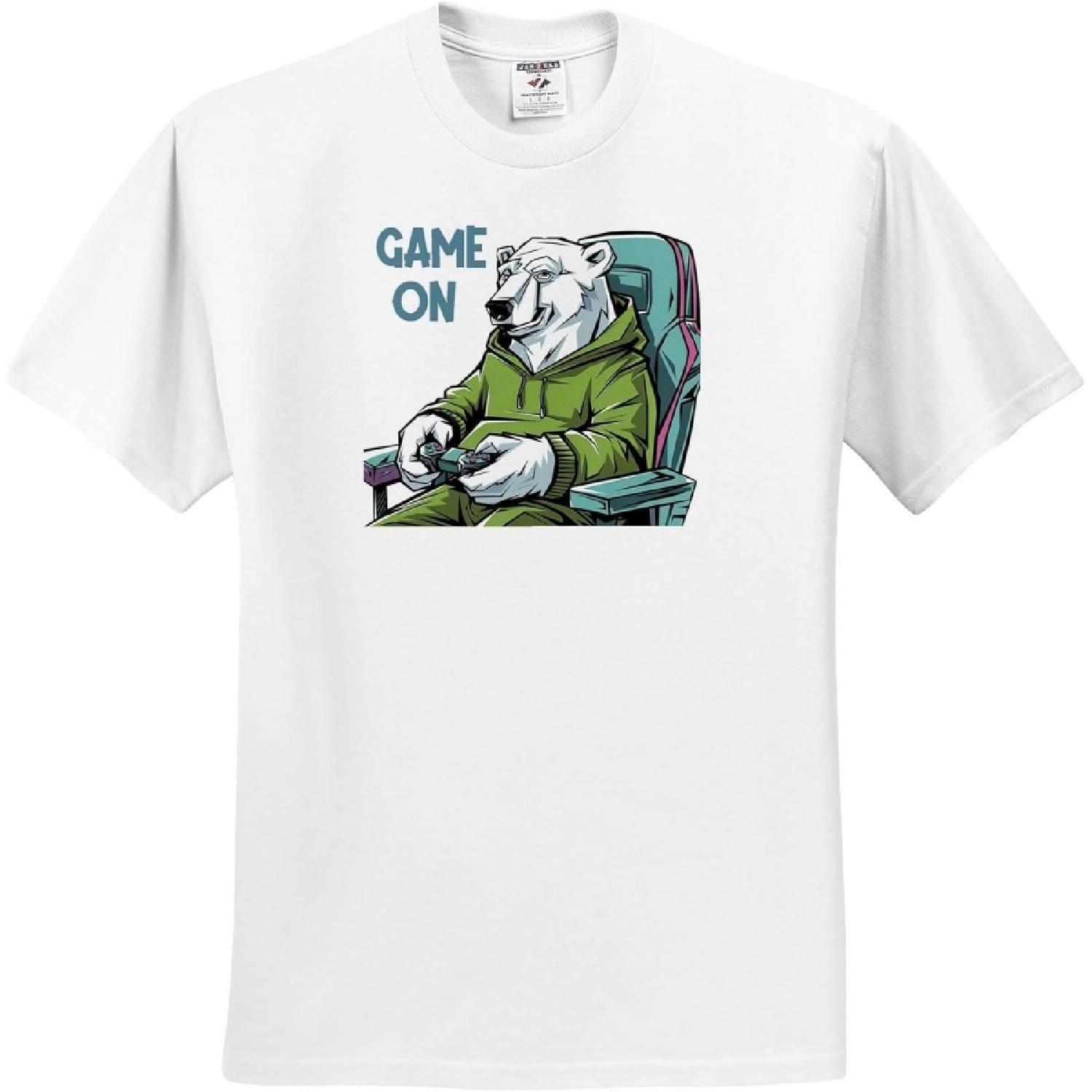 3dRose, Funny Cool Polar Bear Gamer Playing Video Games Game On Graffiti, T-Shirt S