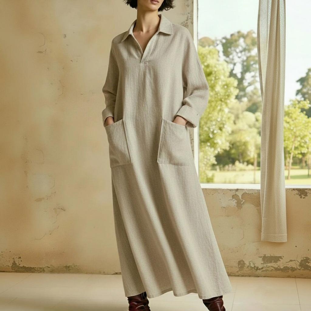 Women's -color Mid-length Loose-fitting Dress With Large Pockets And Casual