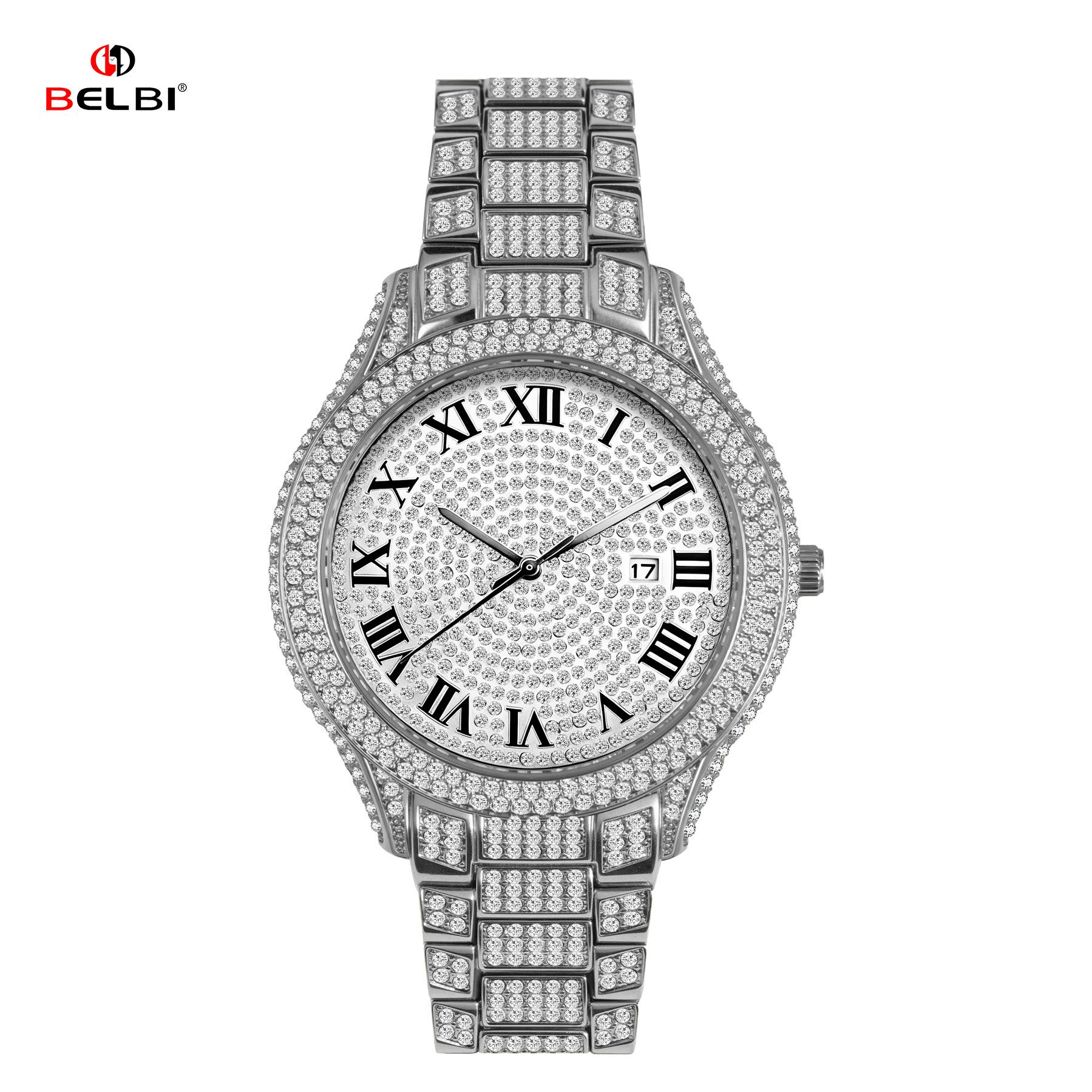 

Mens Iced-Out Bling Watch Full Diamond Roman Dial Quartz Waterproof Fashion Hip Hop Luxury Wristwatch