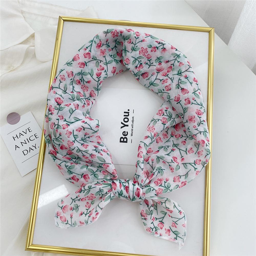Floral Cotton Linen Silk Scarf: Women's Square Headband for Spring, Summer, Autumn - Korean Fresh Style