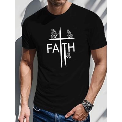Europäische Größen Herren Christliches Glaubens-T-Shirt mit Kreuz & Flügel Design, Weiße & Schwarze Religiöse Symbolik, Bequem für Kirchenveranstaltungen