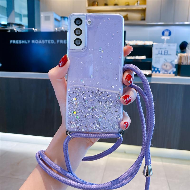 Glitter Phone Case For Samsung Galaxy A14 A36 A33 A53 A73 A52 A54 A56 A34 A16 A15 A55 S25 Cover Crossbody Necklace Lanyard Strap