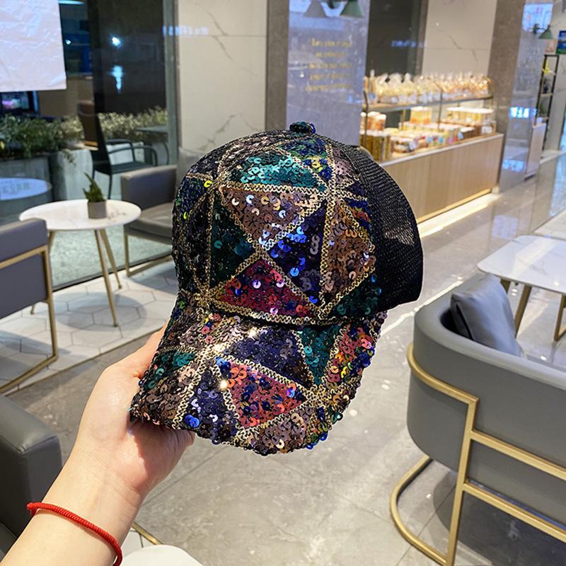 Glanzende Pailletten Baseballpet Ademende Mesh Zon Hoed Met Snapback Sluiting Casual Uitjes Feest Hoofddeksels Trendy Hoofddeksels Adjustable black