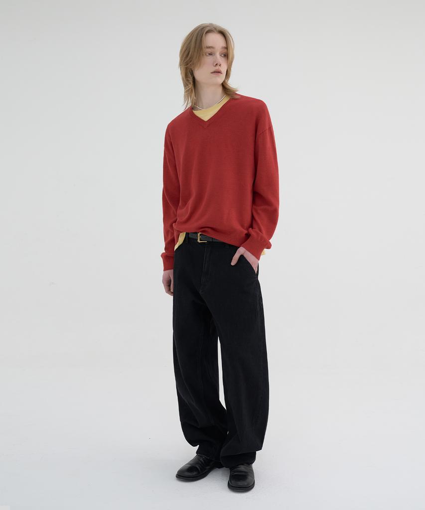 KNOUUN Crop V Neck Knit (Red)