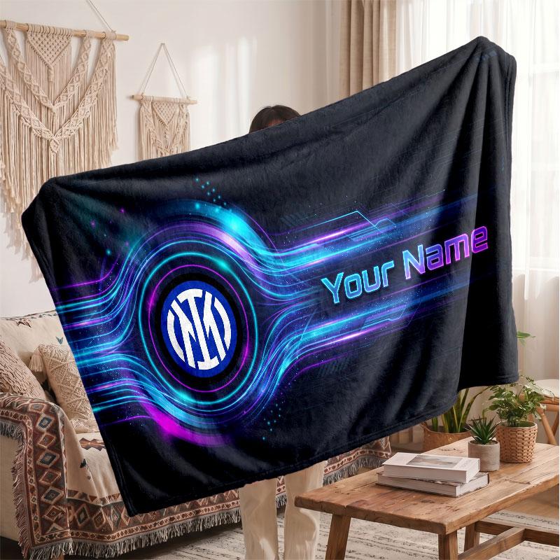 Inter Milan Personalized Fleece Blanket With Football Logo, Custom Name Text Soft Warm Home Throw Blanket