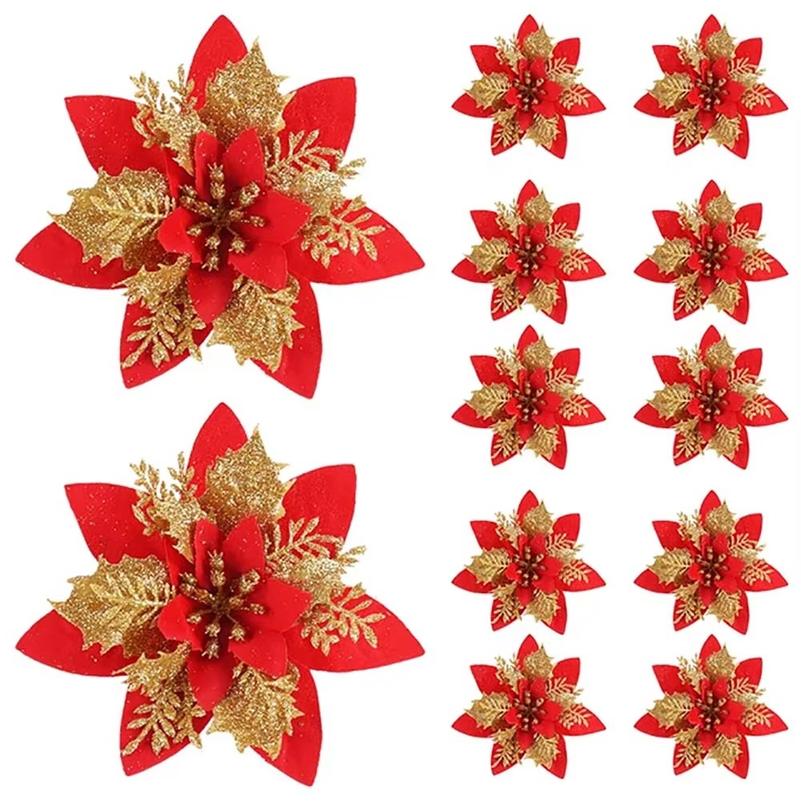 5/10 buc Ornamente Flori de Crăciun 14,5 cm, Roz, Roșu, Auriu, Flori Artificiale Sclipitoare Pentru Pomul de Crăciun, Decorațiune de Crăciun Pentru Casă