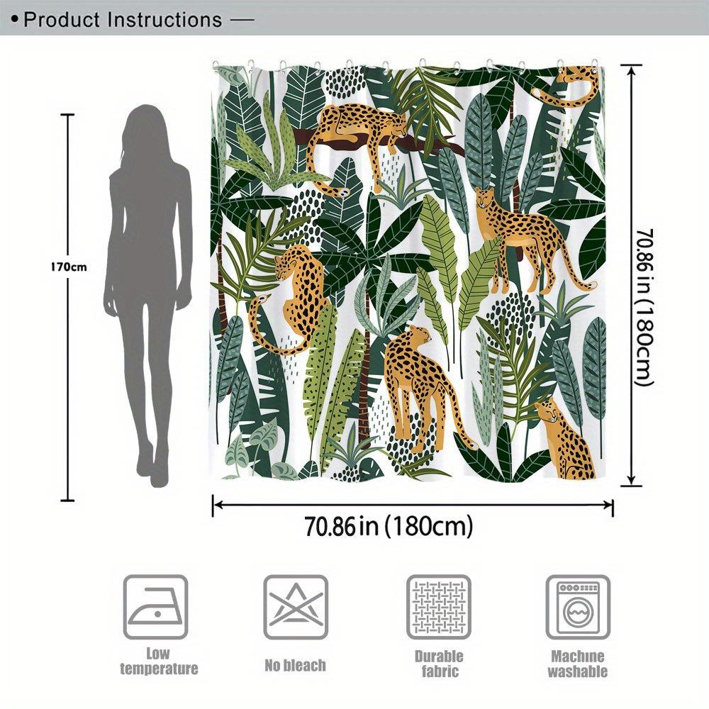 1pc Tropical Cheetah Jungle Shower Curtain - Golden Cheetahs, Green Foliage, Modern Decor, Polyester, Machine Washable