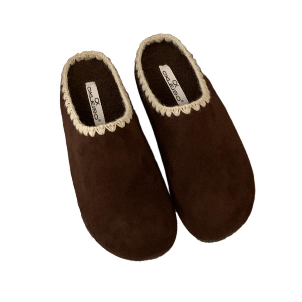 Velvet Lace Edge Birkenstocks, Bag Head, Half-drag Women's Outer Wear 2025 Autumn New Lazy Drag Flat Cotton Shoes, Slippers