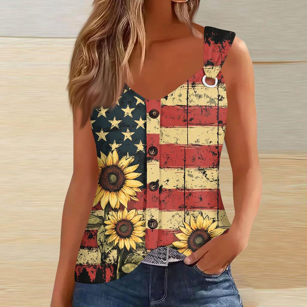 Women's Fashion Casual Loose Sleeveless Buttoned V-Neck Independence Day Printed T-Shirt Top