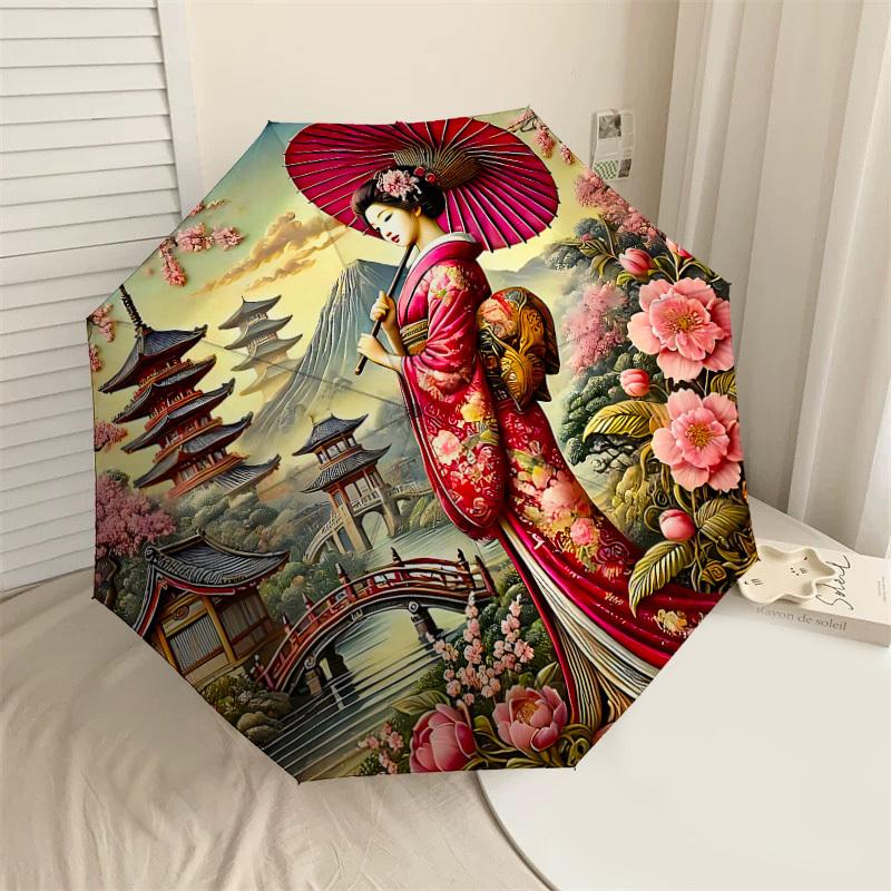 

1PC Geisha Flowers Umbrella-8-Rib Reinforced, Automatic Open, Lightweight & Durable, Cute Fashion Accessory for Outdoor-P2657