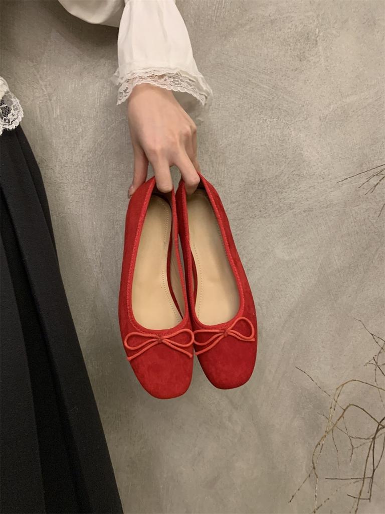 Inner Heightening Single Shoes Women's New Low-heeled Mary Jane Shoes Suede Red Soft-soled Grandma Shoes