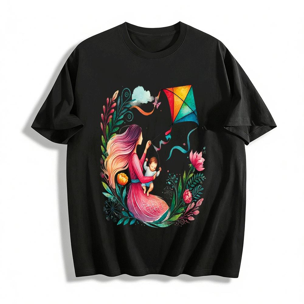 Mom And Baby Flying Kite Print Casual Adult Top Pure cotton T-shirt XXS