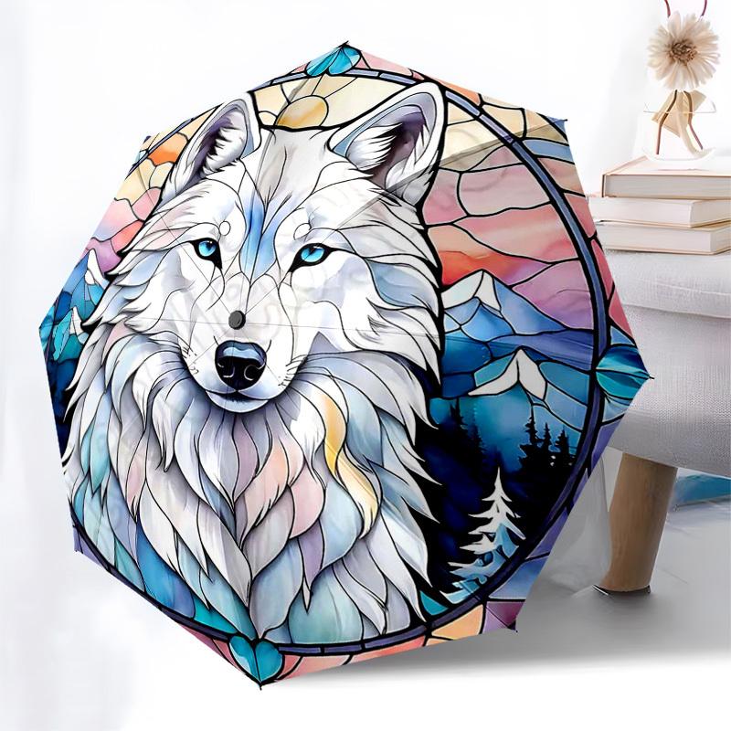 

1pc Stained Glass Wolf Design Automatic Folding Umbrella - Portable 3-Fold Design with 8-Bone Iron Frame, Outdoor for Fans, Travelers, Daily Use, Gift